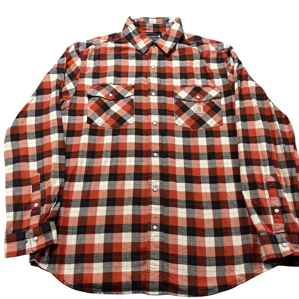 Carhartt‎ Shirt Mens Large Orange Plaid Flannel Snap Front Relaxed Fit Workwear